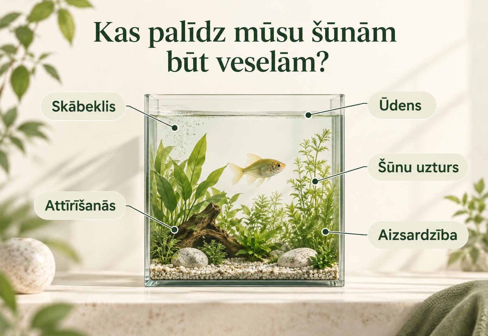 Akvārija vizualizācija ar pieciem labsajūtas pamatiem — skābekli, ūdeni, šūnu uzturu, attīrīšanos un aizsardzību